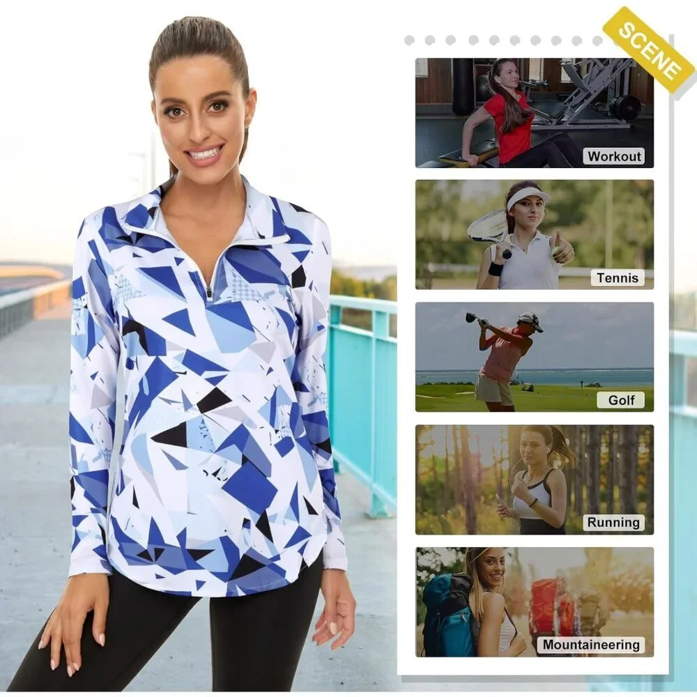 Women’s Long Sleeve Golf Tennis Polo Shirt Half Zip Breathable Workout Top - Picture 4 of 7
